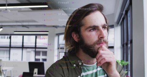 Pensive Man Analyzing Code Overlay in Modern Office
