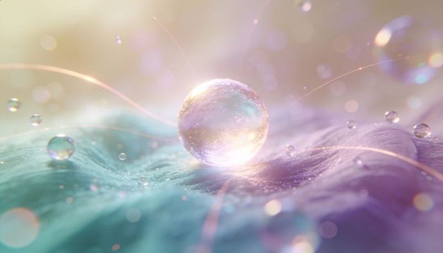 Iridescent glass sphere resting on rippled pastel surface with prismatic glitter glow