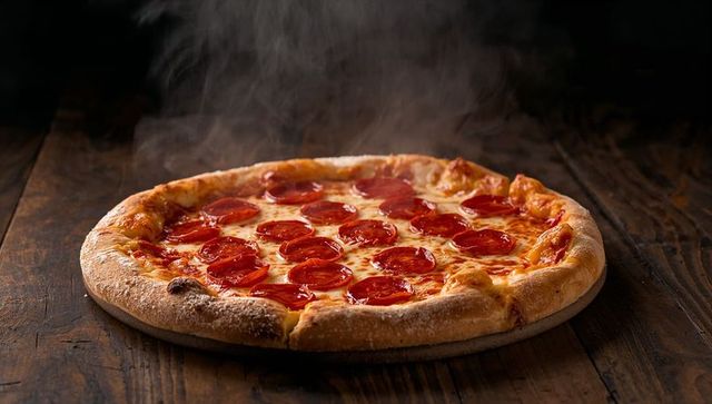 Steaming pepperoni pizza with golden crust and melted cheese on rustic wooden board