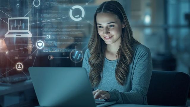 Woman Engages with Futuristic Digital Technology in Modern Workspace