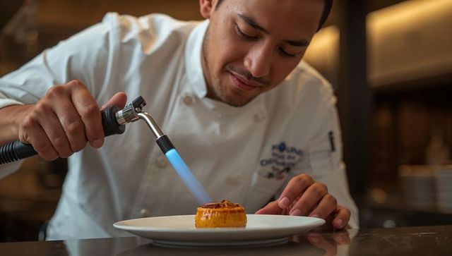 Chef torching creme brulee tart with blowtorch in dim restaurant pastry station, close-up