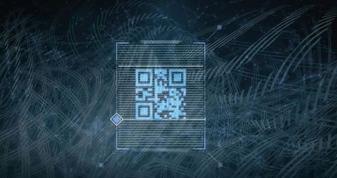 Futuristic HUD scanning glowing blue QR code with wireframe overlay and digital data lines