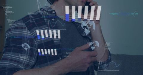 Man speaking on smartphone holding device with holographic analytics and data overlays