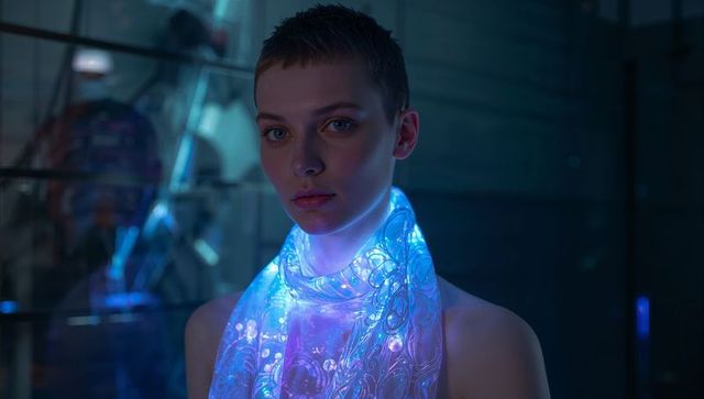 Woman wearing glowing led iridescent scarf in futuristic neon gallery portrait