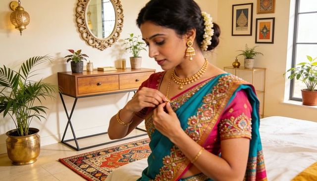 Woman fastening gold necklace in ornate teal and magenta sari in elegant bedroom interior