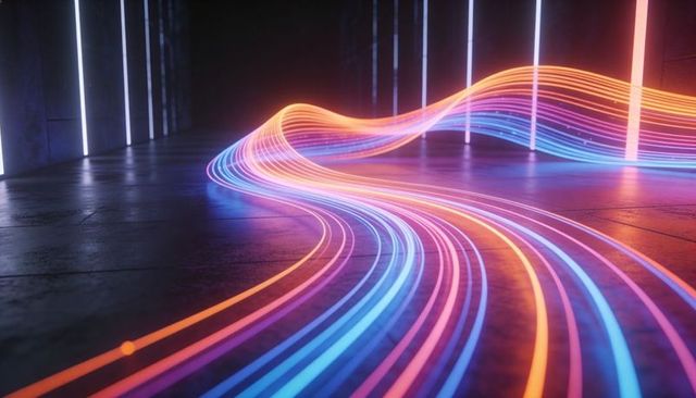 Colorful neon light stream curving through industrial hall with reflective concrete floor