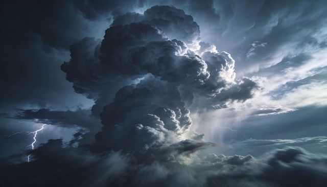 Towering Cumulonimbus Storm Cloud with Lightning, Virga and Dramatic Rim Light