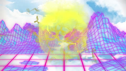 Abstract 3D Grid with Surreal Yellow Globe in Digital Landscape