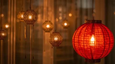 Hanging red paper lantern glowing with brass perforated lamps creating warm bokeh ambience