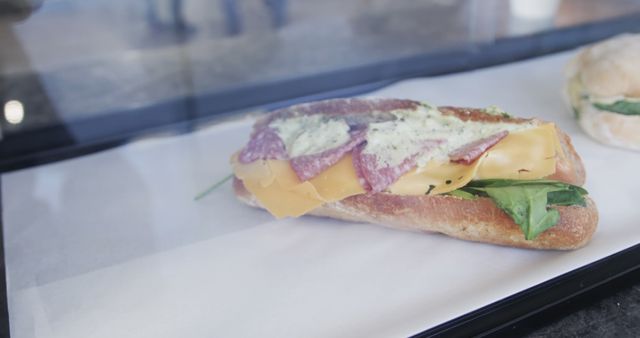Sandwich with salami and cheese lying in glass showcase in bakery. Bakery, baking, food and local business concept, unaltered.