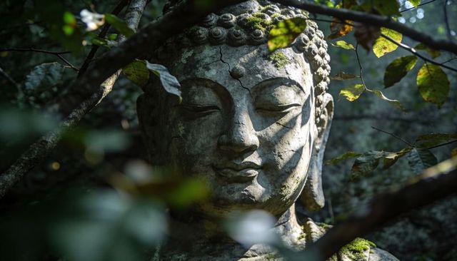 Moss-covered buddha head nesting in forest canopy, sun-dappled serene contemplation