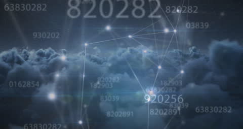 Digital Numbers and Code Overlaid on Cloudy Sky