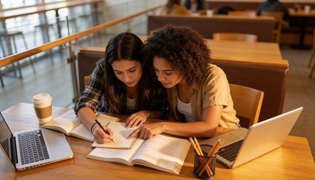 Two female students collaborating over textbooks and laptops in campus study lounge