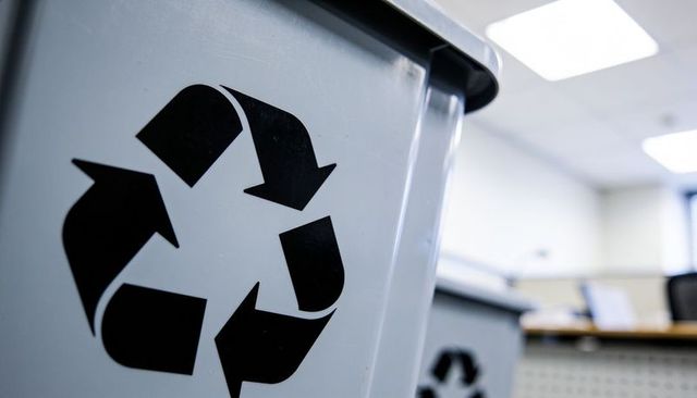 Close-up of gray recycling bin featuring black recycle symbol in modern office interior