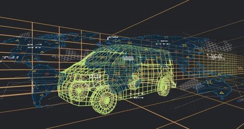 Neon Wireframe Car Rotating on Geospatial Grid with CAD Telemetry Overlay