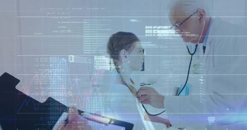 Pediatrician examining child with stethoscope, tablet and digital health data overlay
