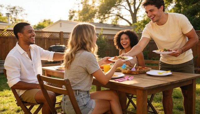 Friends enjoying backyard barbecue while serving plates at wooden table in golden sunlight