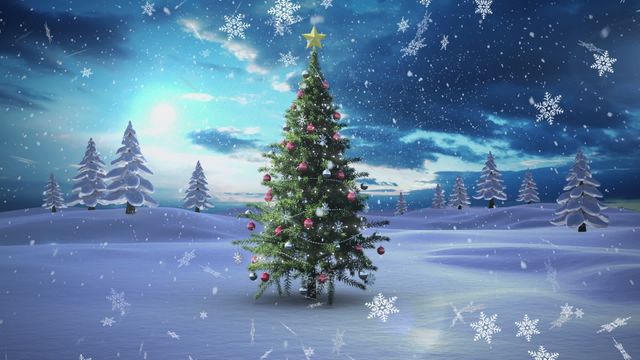 Christmas tree adorned with lights and ornaments stands in snow-covered winter landscape at dusk. Snow gently falling, reinforcing holiday ambiance. Ideal for holiday greetings, festive banners, seasonal celebrations, digital and print media.