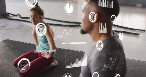 Fitness coaching session showing wearable metrics overlay and performance tracking data