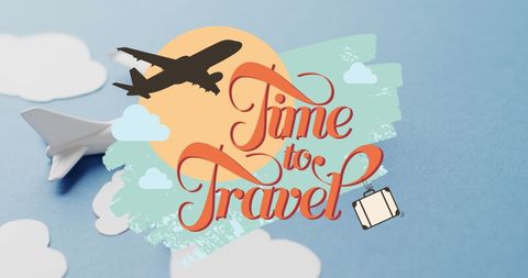 Time to travel banner with airplane and cloud motif