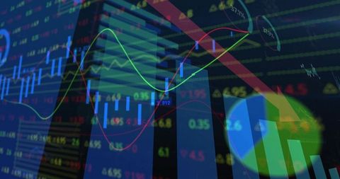 Futuristic stock market dashboard showing falling candlesticks, neon trend lines, bearish arrow