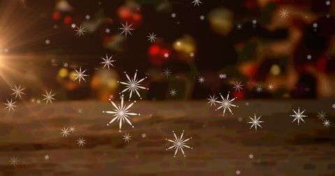 Falling Snowflakes Overlay on Festive Christmas Tree