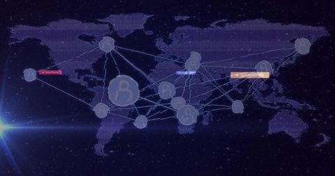 Connecting global users with glowing network hubs and linked avatars on futuristic digital world map