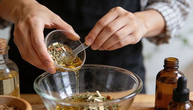 Pouring herbal oil infusion into glass bowl for diy aromatherapy and natural skincare