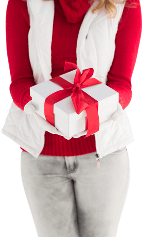 Person in Red Sweater Holding Transparent Gift Box with Red Ribbon
