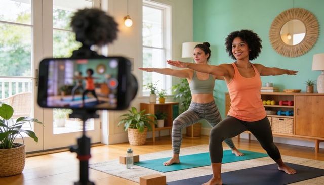 Two Women Recording At Home Yoga Class for Wellness, Fitness and Mindfulness Content