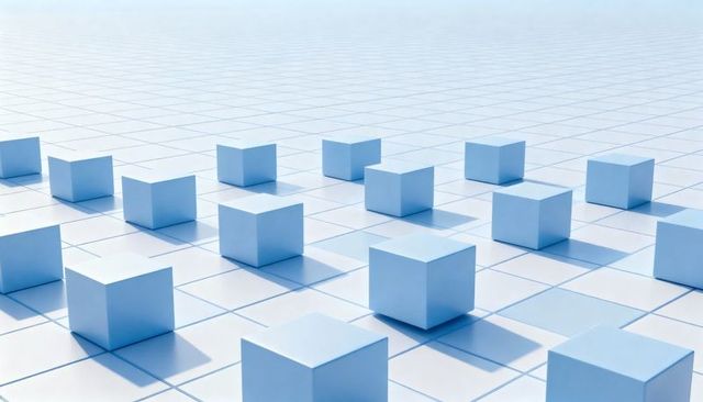 Minimalist Pastel Grid Featuring Floating Cyan Cubes Casting Elongated Shadows