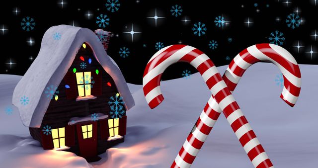 Snowy Winter Night with Candy Canes and Decorated House - Download Free Stock Images Pikwizard.com