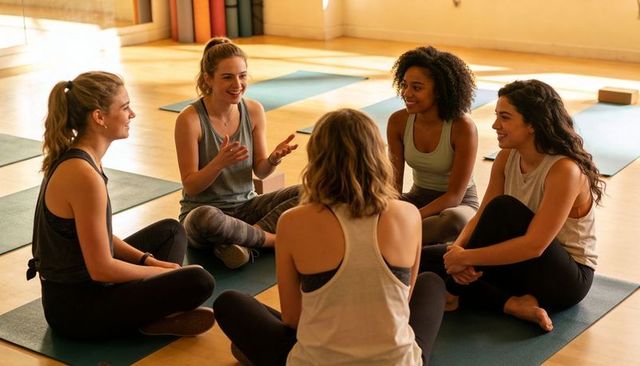 Sunlit yoga circle of women sharing post-class conversation in studio