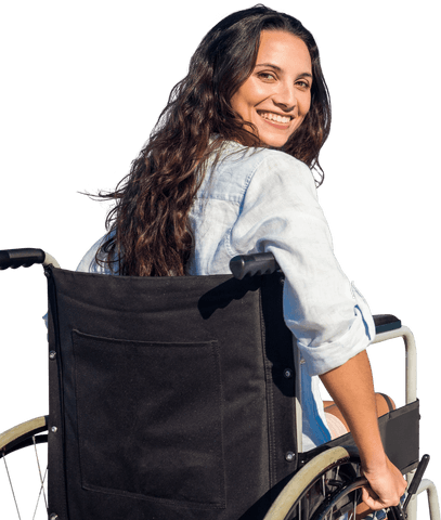 Confident smiling woman in wheelchair with transparent background