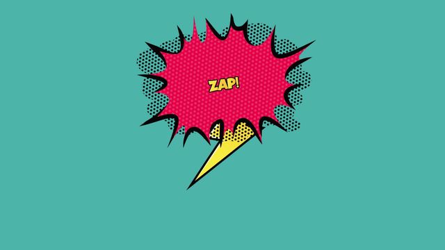 Comic-style speech bubble with the word 'Zap' stands out against a turquoise background. The vibrant, pop art aesthetic is characterized by bold colors and dots, reminiscent of vintage comic books. This graphic is excellent for digital communication designs, marketing materials, or adding a fun, playful element to presentations and social media posts.