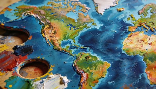 Impasto relief world map on artist palette showing textured continents and oceans