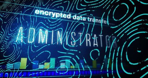 Neon Cybersecurity Dashboard Showing Encrypted Data Transfer and Administrator Access