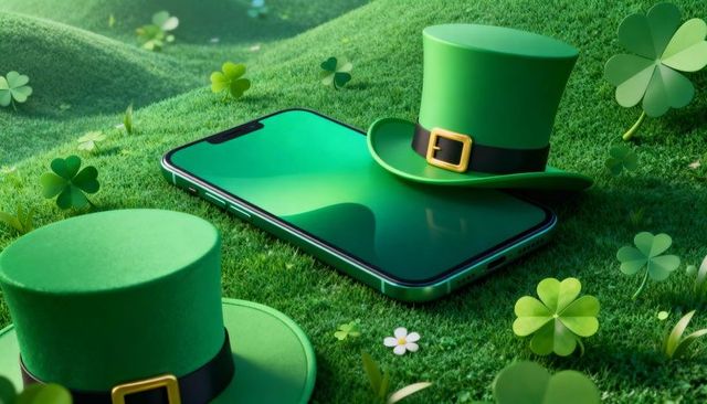 Green smartphone on grass with leprechaun hats for st patrick's day tech promotion