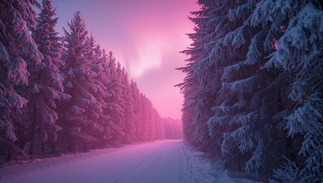 Snow-Covered Road Through Frosty Pine Forest Under Aurora Sky