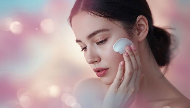 Woman Applying Skincare Cream in Dreamy Pastel Atmosphere