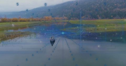 Serene Lake Exploration with Futuristic Digital Overlay