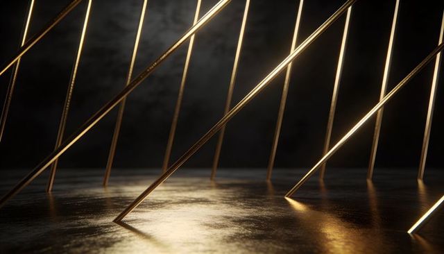 Gilded diagonal rods creating reflective wet surface with moody smoke and warm lighting