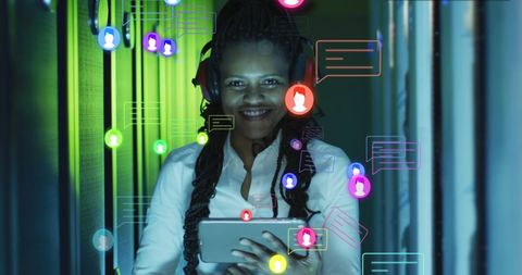 African American Woman in Server Room with Social Media Icons Overlay - Download Free Stock Images Pikwizard.com