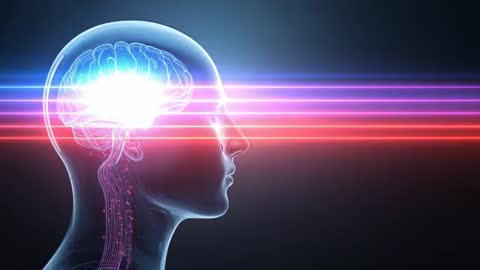 Futuristic Head with Glowing Brain and Neon Beams