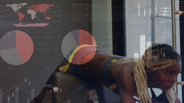 African American woman engages in an intense workout in a gym setting, including graphs and charts overlaid on the scene. Ideal for illustrating fitness tracking, data analytics in health, and technology integration in sports.