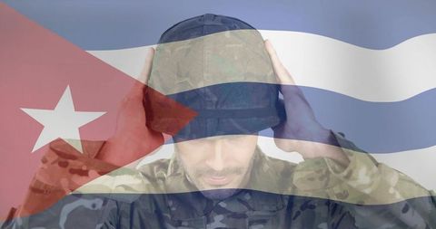 Cuban flag overlaying soldier touching cap in camouflage uniform, veteran patriotism concept