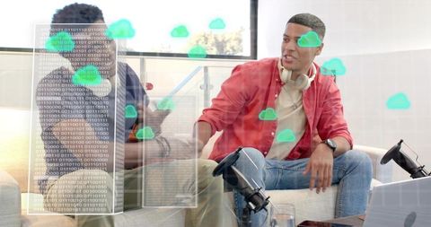 Podcast recording with AR cloud overlays, colleagues collaborating on tech and creativity