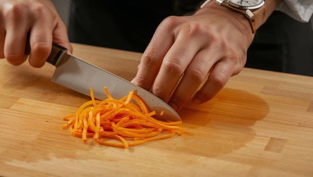 Chef Hands Slicing Carrots into Julienne on Wooden Cutting Board with Sharp Knife Closeup