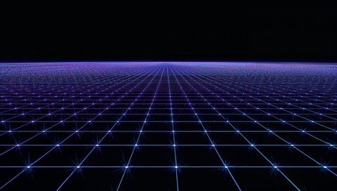Glowing neon grid stretching toward central horizon in retrofuturistic virtual landscape
