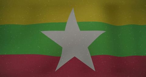 Waving Vintage Myanmar Flag with Distressed Texture, Faded White Star on Yellow Green Red Tricolor